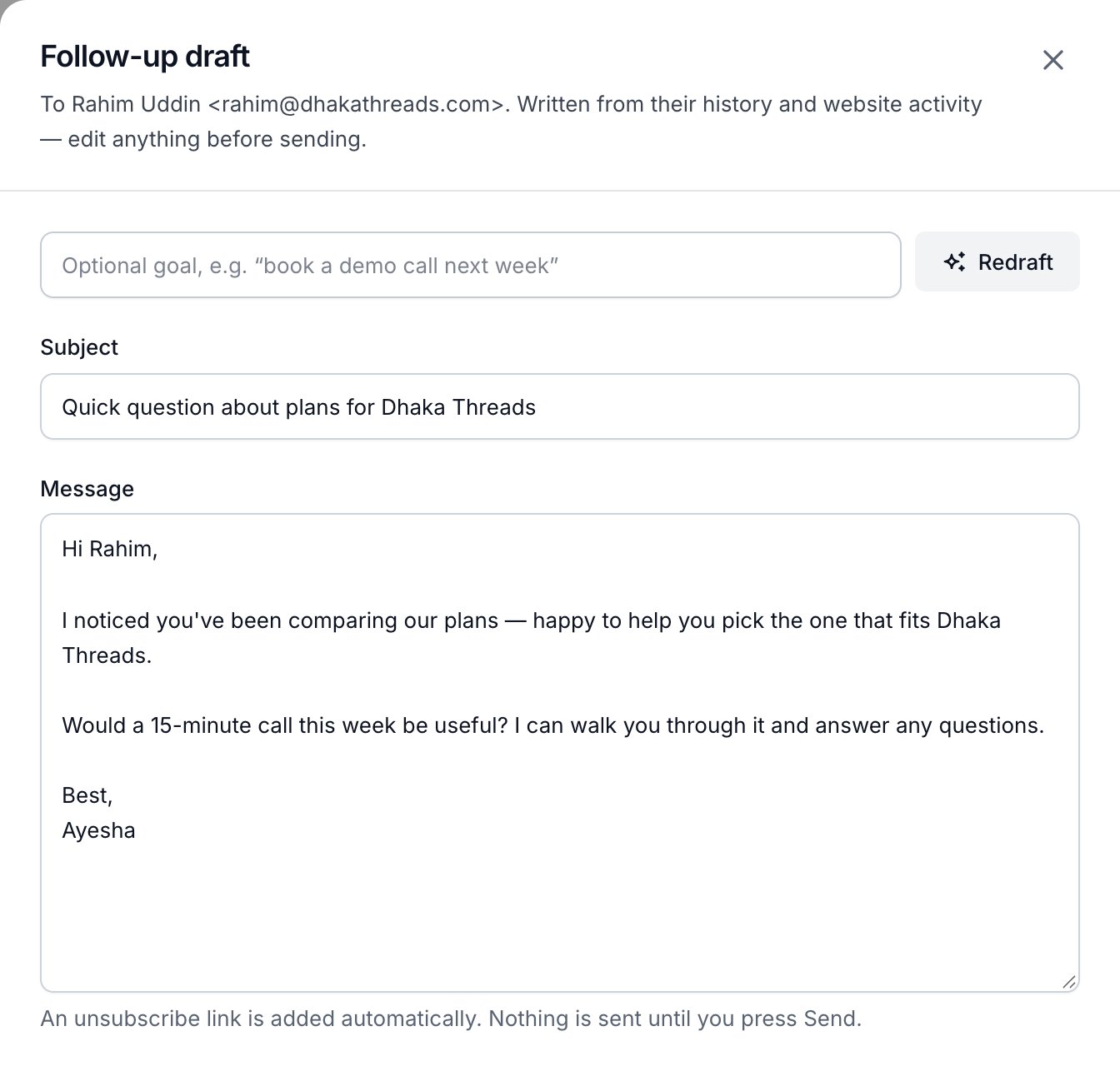 The follow-up draft panel in Followsoon: an AI-written email you can edit before sending